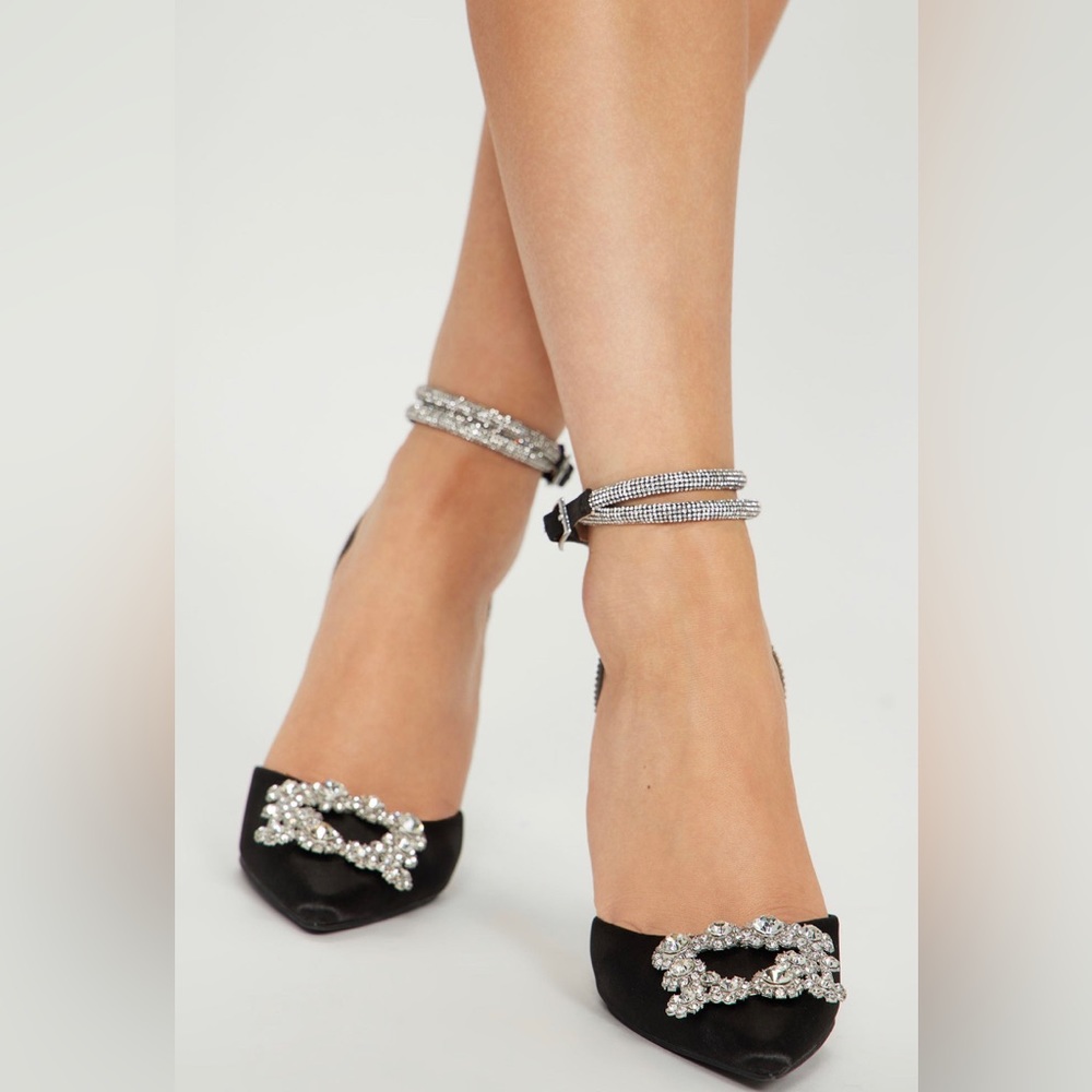 Satin and rhinestone pumps